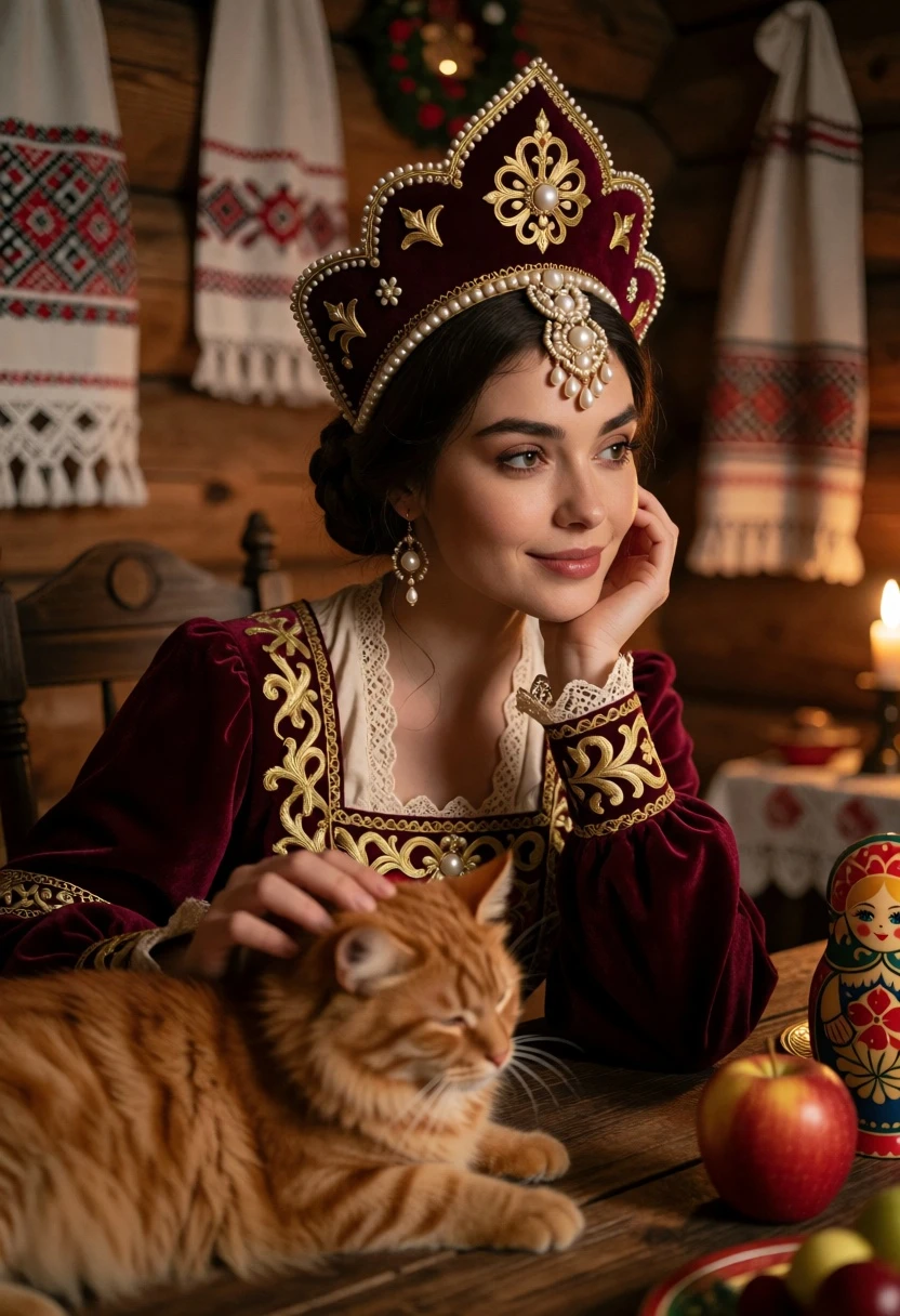 Woman in russian attire with orange cat at rustic wooden table setting - AI generated image prompt sample