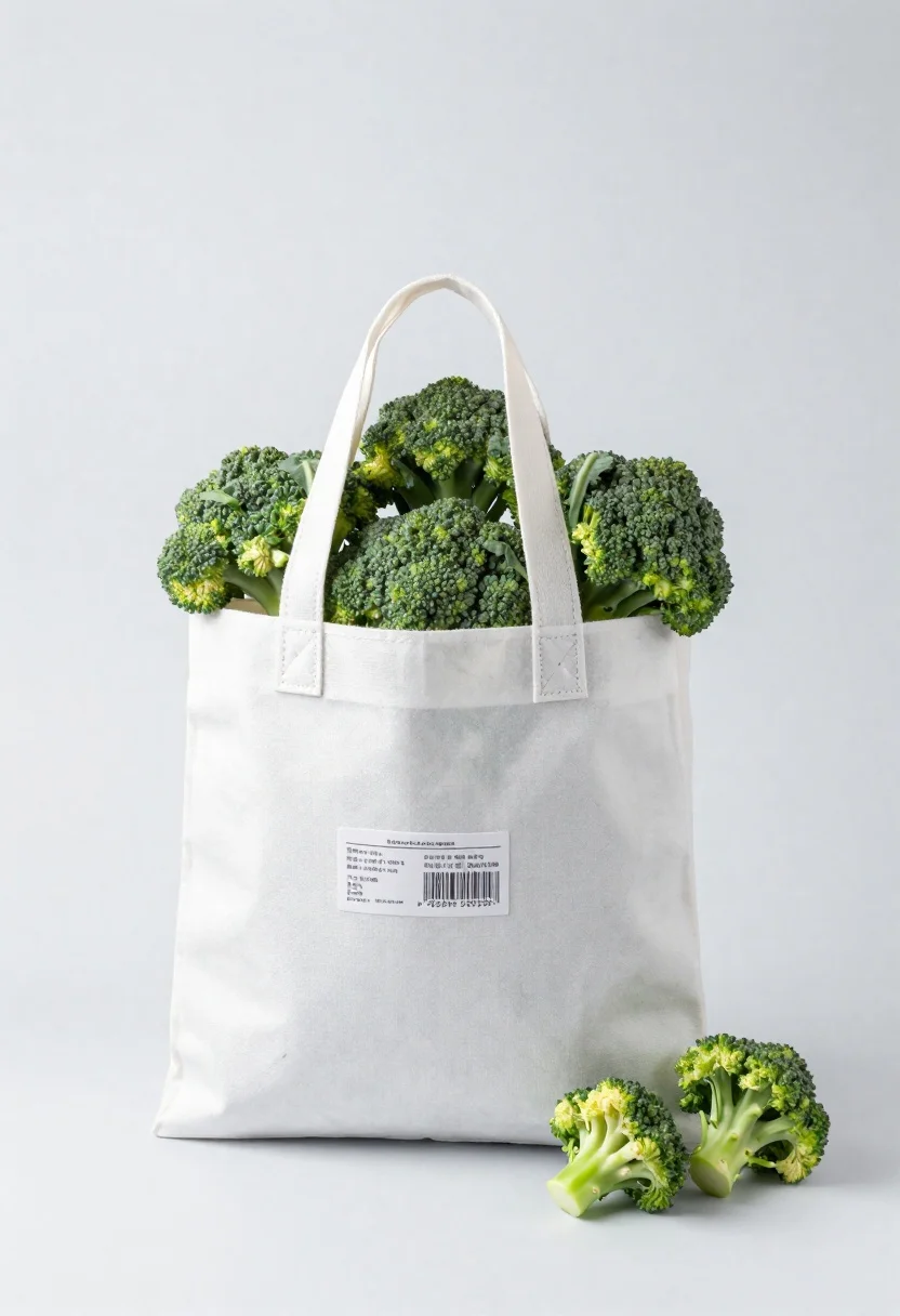 White shopping bag overflowing with fresh broccoli florets