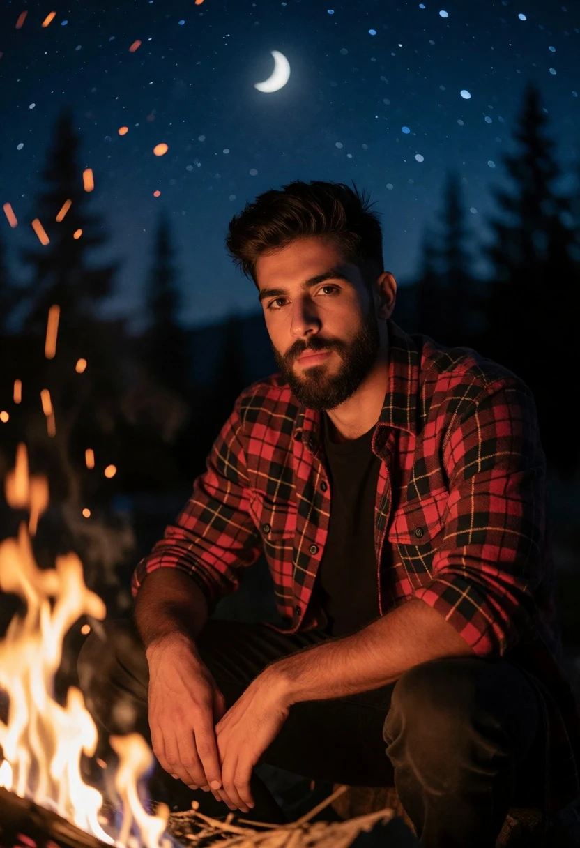 Young man by a campfire under starry night sky with crescent moon - AI generated image prompt sample