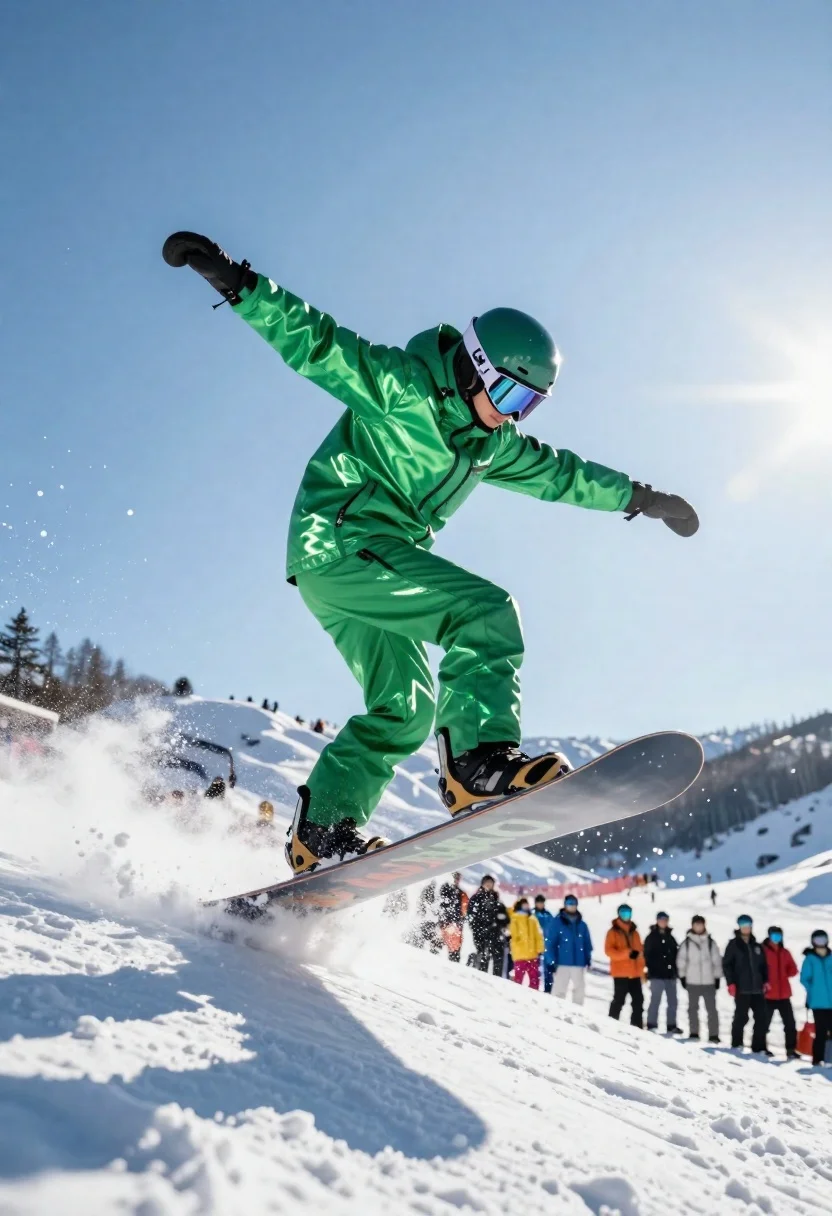 Snowboarder jumping off slope in metallic green suit against bright snow - AI generated image prompt sample