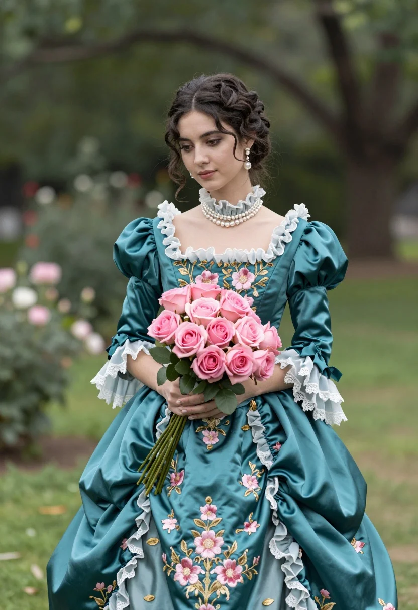 Young woman in teal victorian gown holding pink roses in lush garden - AI generated image prompt sample