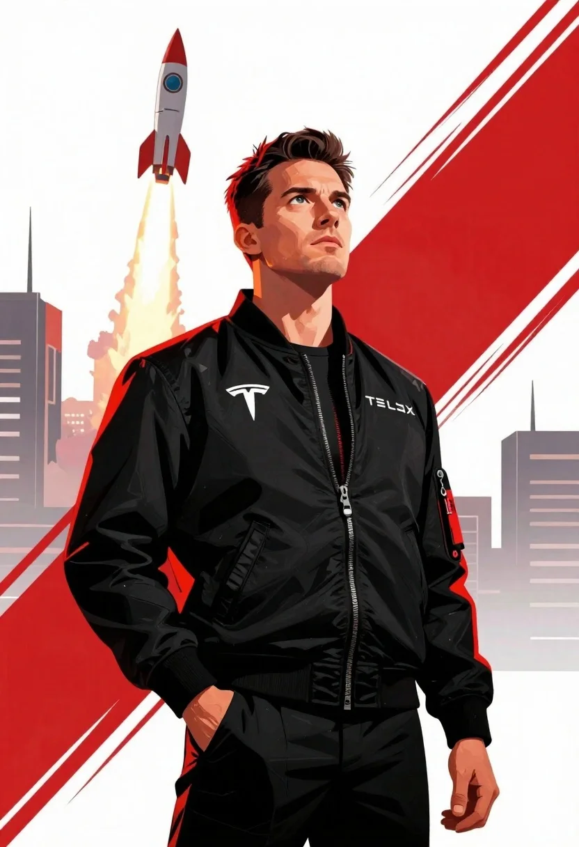 Man in black bomber jacket standing confidently looking upward at rocket launch - AI generated image prompt sample