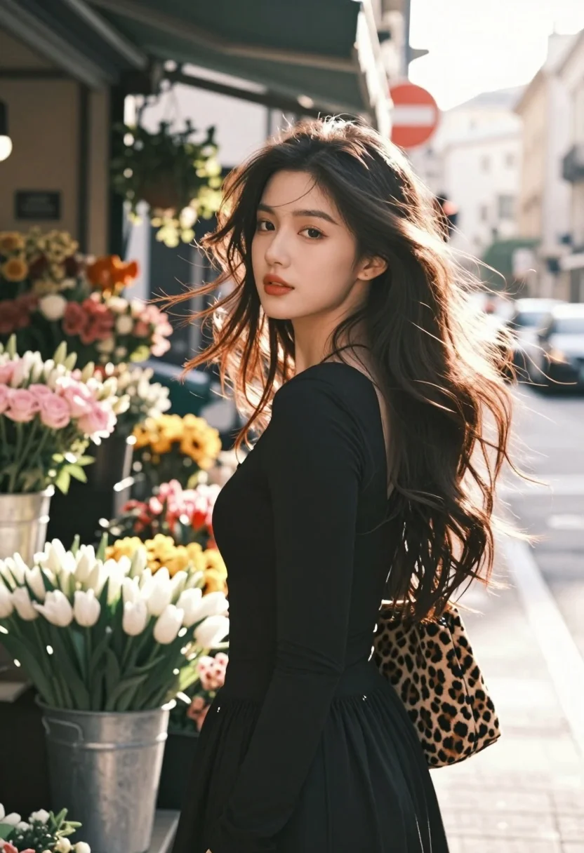 Young woman with dark hair looking back on flower stall street - AI generated image prompt sample