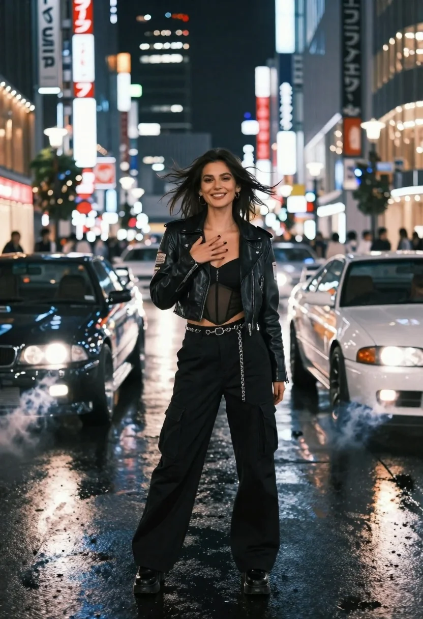 Confident woman in black leather jacket stands on wet city street at - AI generated image prompt sample