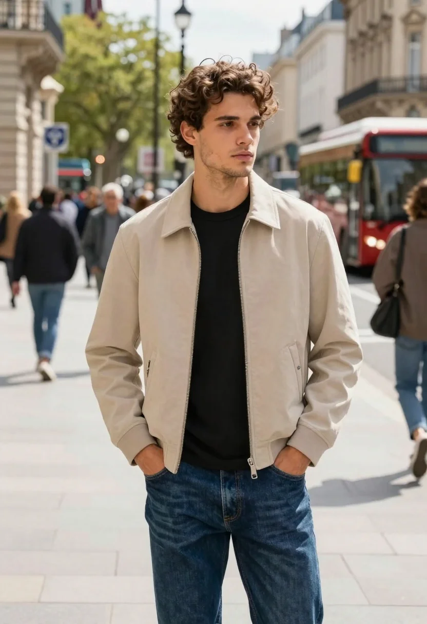 Handsome young man standing on european street in beige jacket - AI generated image prompt sample