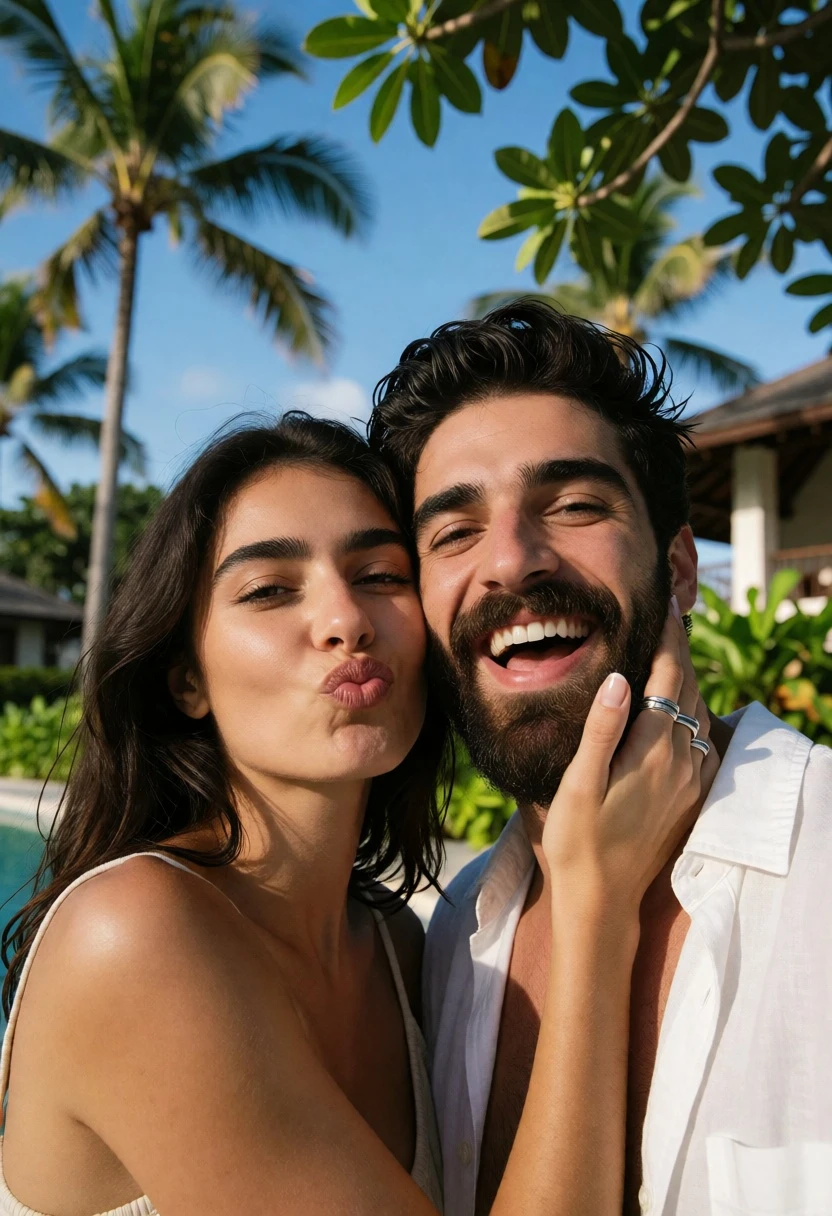 Couple selfie outdoors in tropical resort setting under bright blue sky - AI generated image prompt sample