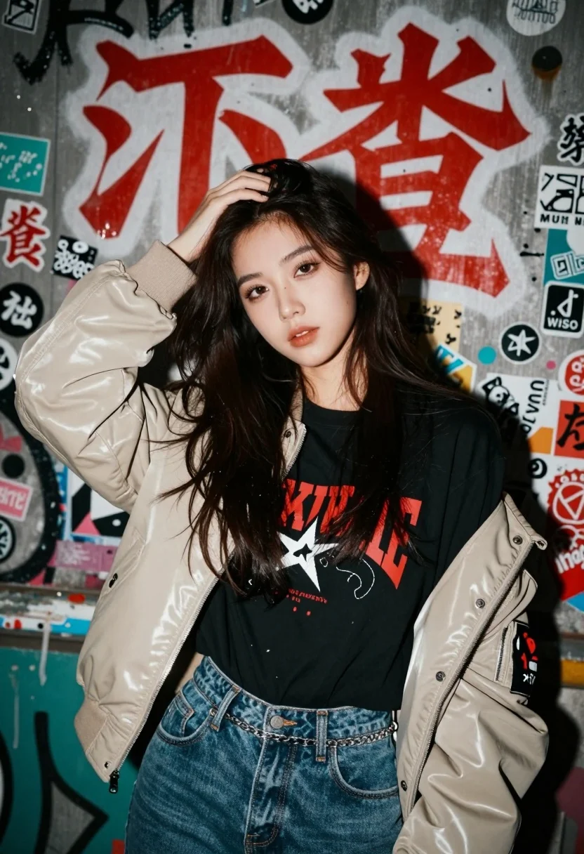 Young woman in bomber jacket against graffiti wall medium shot - AI generated image prompt sample