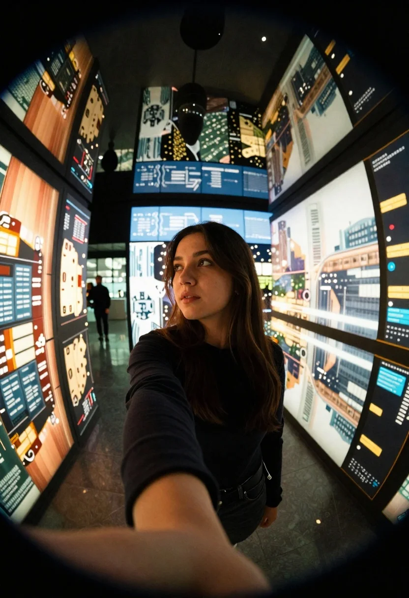 Woman taking self portrait in glowing cityscape tunnel - AI generated image prompt sample