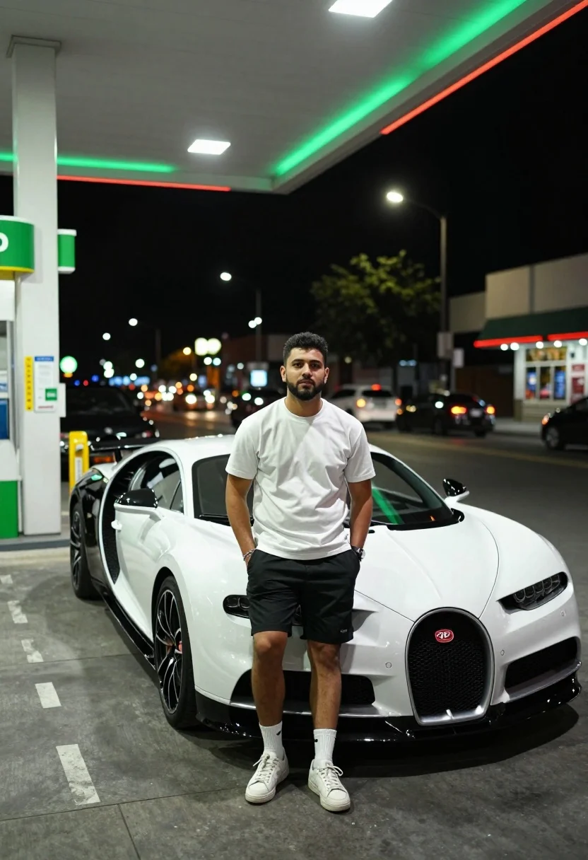 Young man leaning against white bugatti at brightly lit gas station at - AI generated image prompt sample