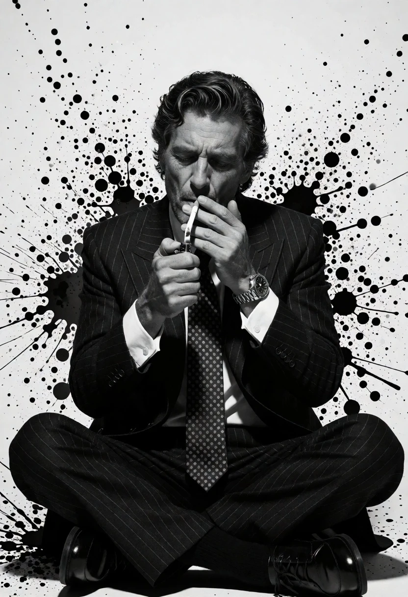 Man in pinstripe suit lighting cigarette amidst black ink splash on white - AI generated image prompt sample