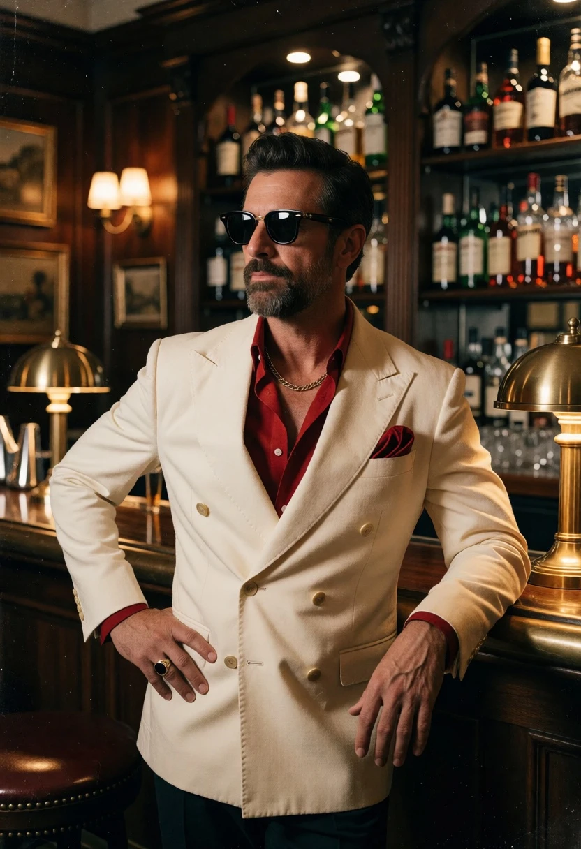 Middle aged man in blazer leaning against dark wood bar counter - AI generated image prompt sample