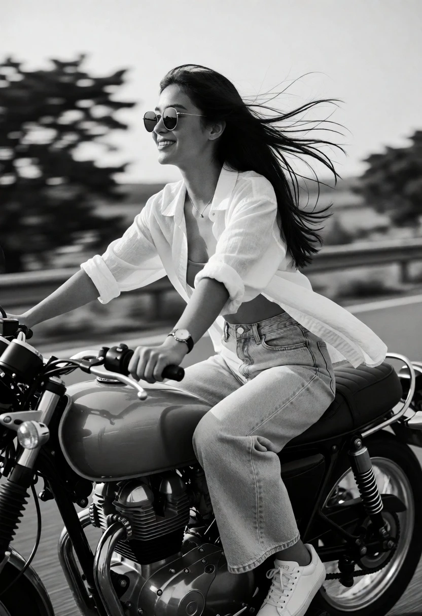 Young woman riding classic motorcycle on open road with motion blur - AI generated image prompt sample