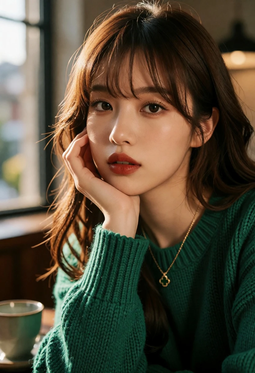 Close up portrait of young woman with brown hair in emerald sweater - AI generated image prompt sample