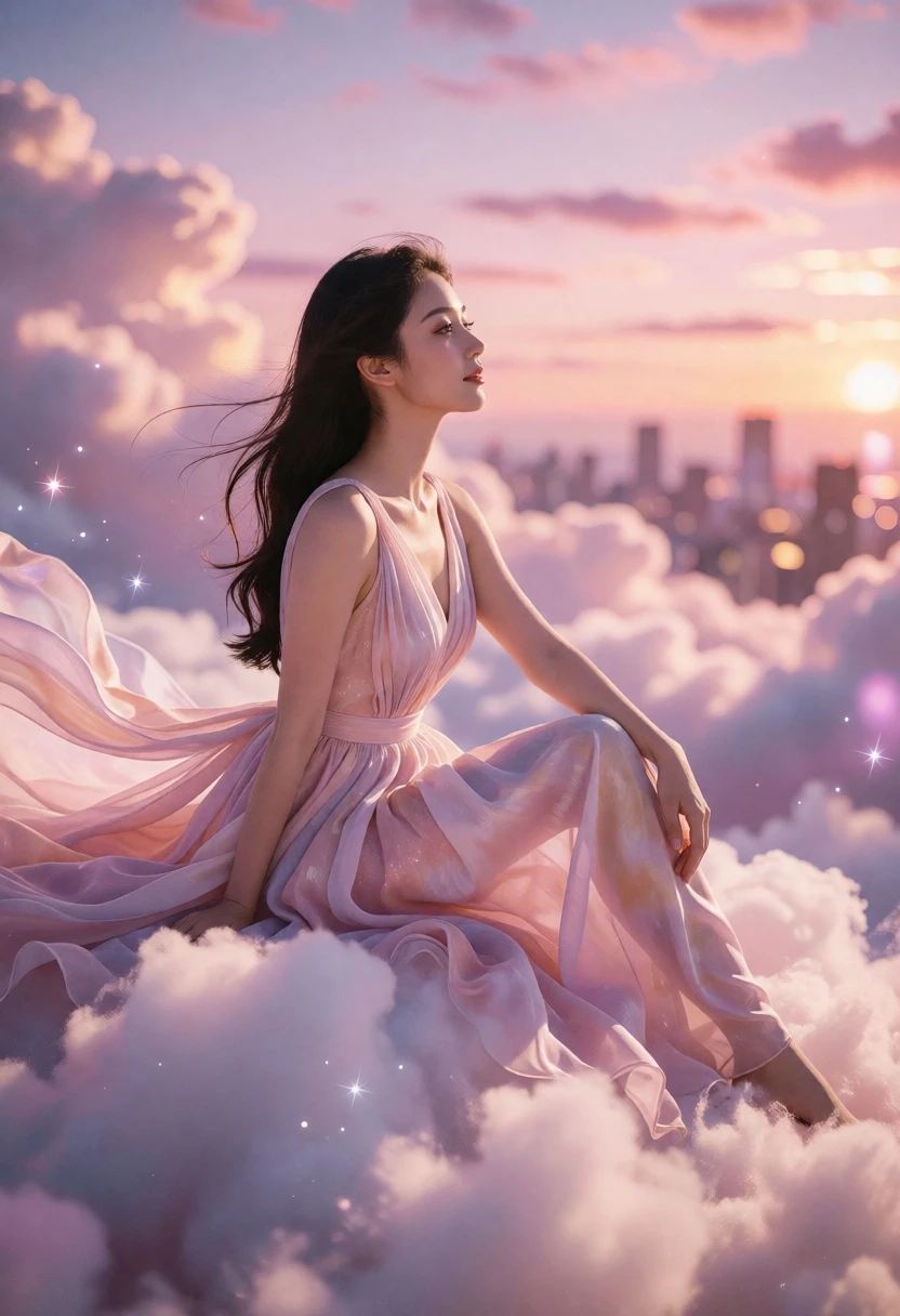 Woman sitting on fluffy white clouds against a dreamy sunset sky - AI generated image prompt sample