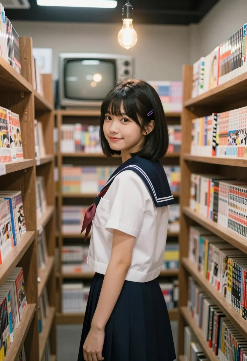Young woman in japanese school uniform stands in a cozy bookstore aisle - AI generated image prompt sample