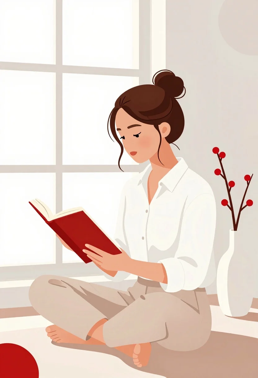 Illustration of woman reading book by window in minimalist interior space - AI generated image prompt sample