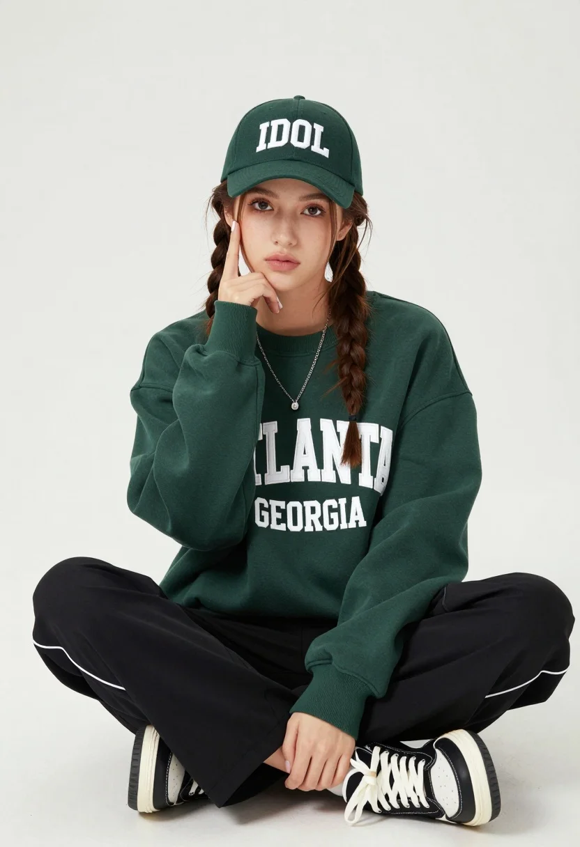 Young woman with braids sitting cross legged in green sweatshirt studio portrait - AI generated image prompt sample