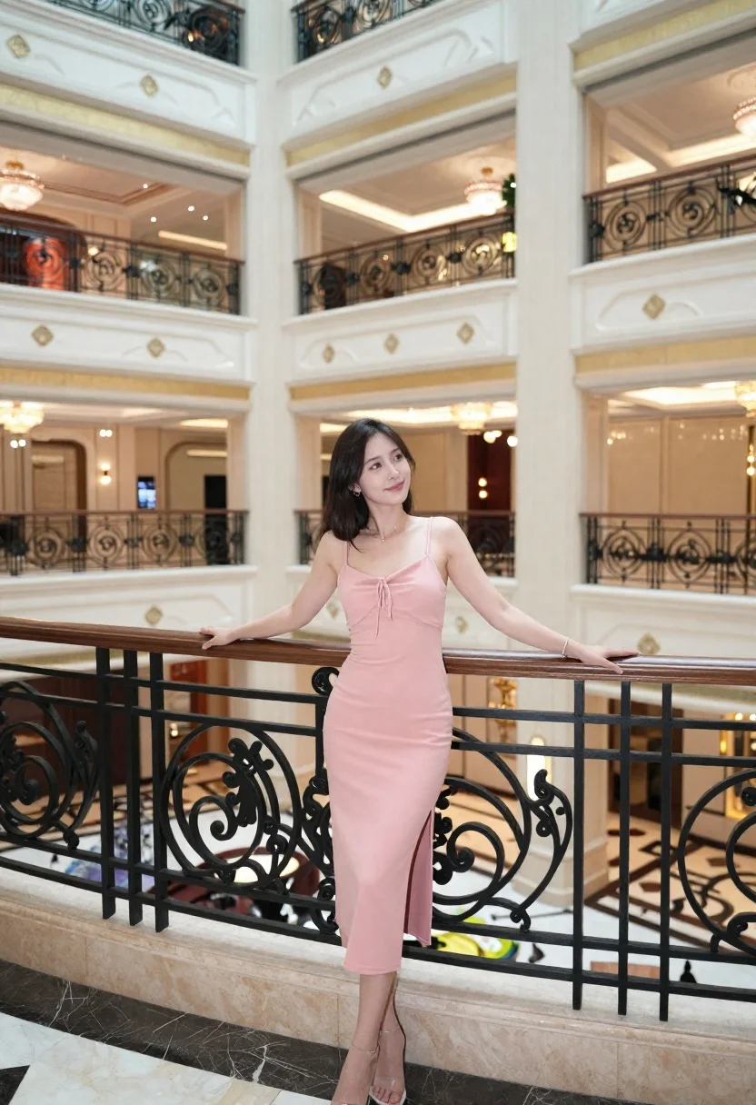 Young woman in pink dress on ornate balcony overlooking grand hotel lobby