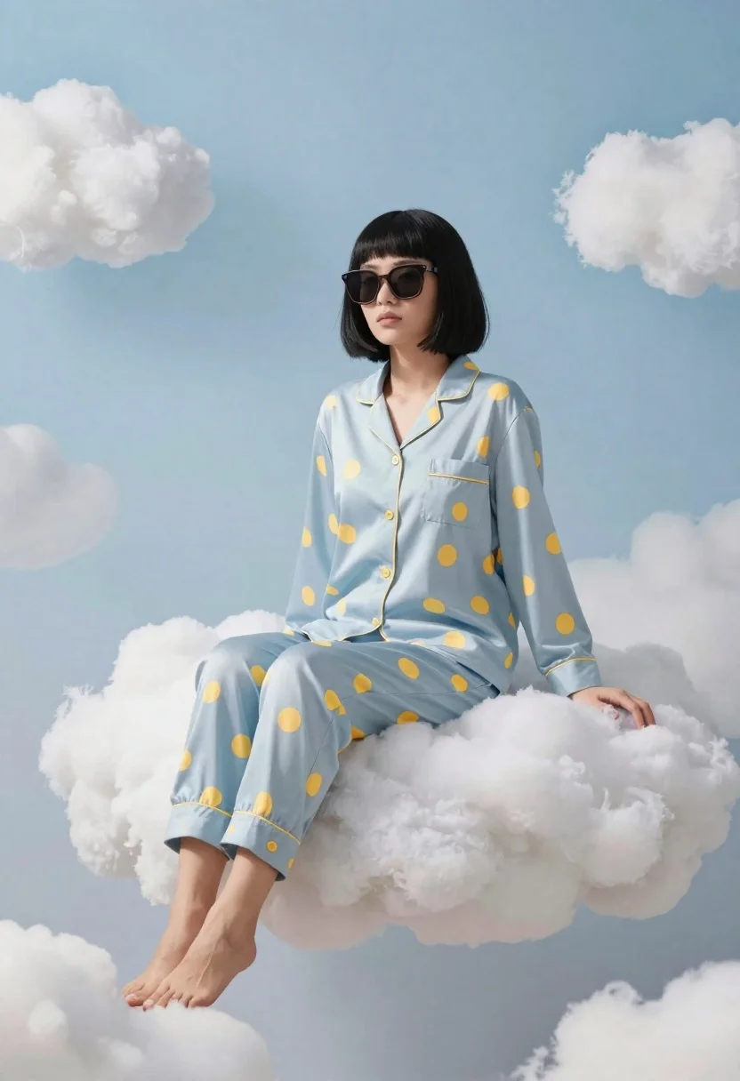 Woman sitting on fluffy white clouds against blue sky - AI generated image prompt sample