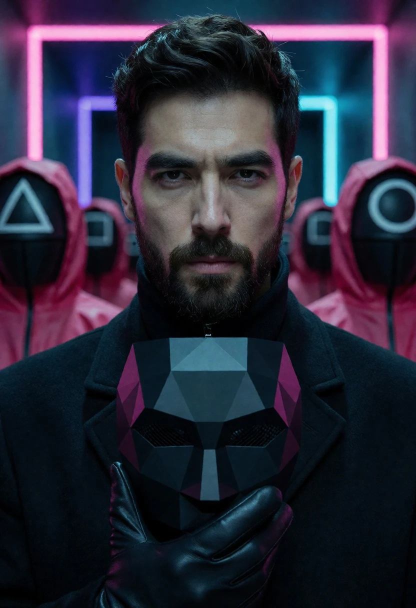 Man holding low poly mask before figures in neon lit corridor - AI generated image prompt sample