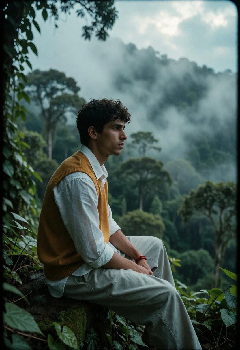 Man in vest on mossy ledge overlooking misty forest landscape - AI generated image prompt sample