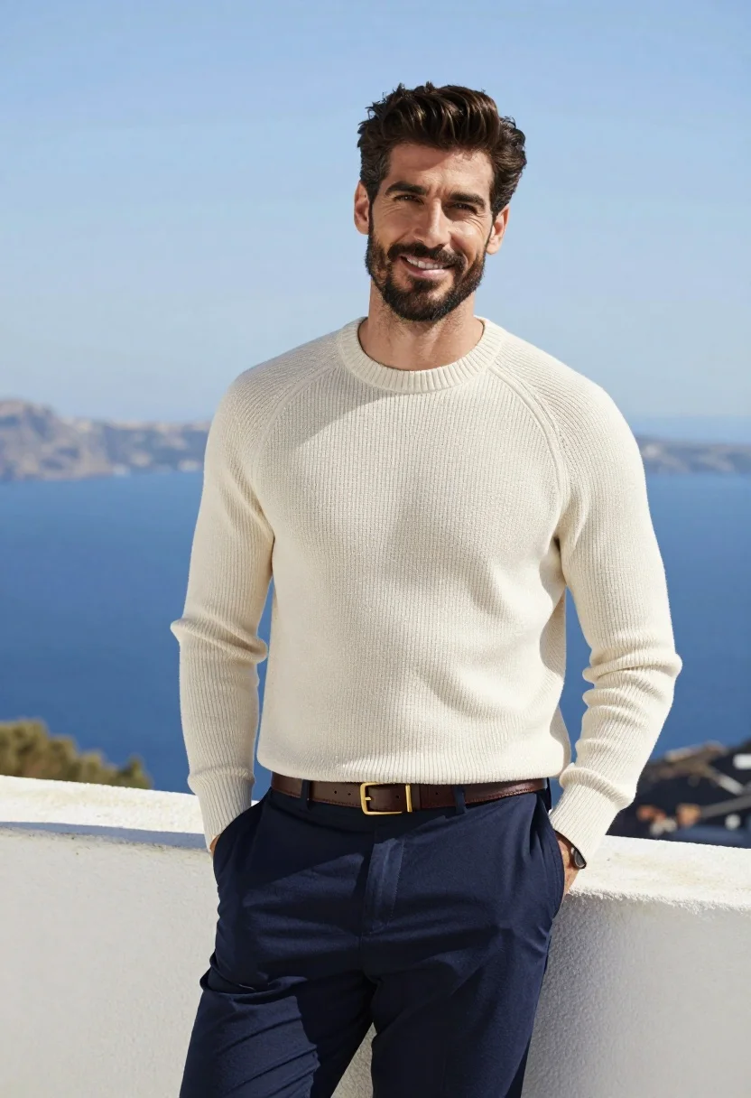 Handsome man in cream sweater standing outdoors by blue sea - AI generated image prompt sample