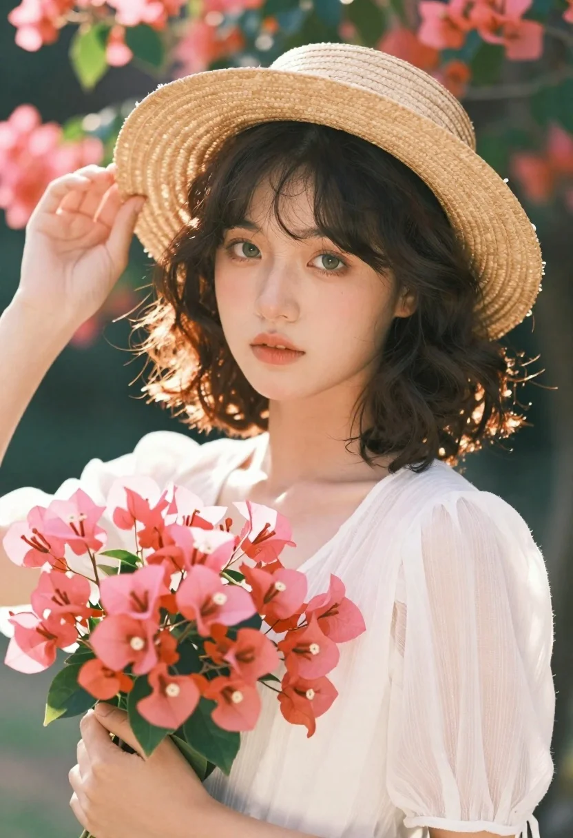 Young woman with straw hat holding pink flower bouquet in garden - AI generated image prompt sample