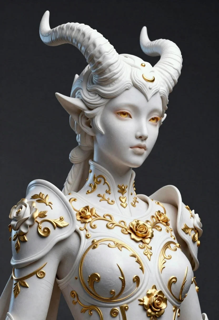 Elegant figure in white armor with horns against dark background