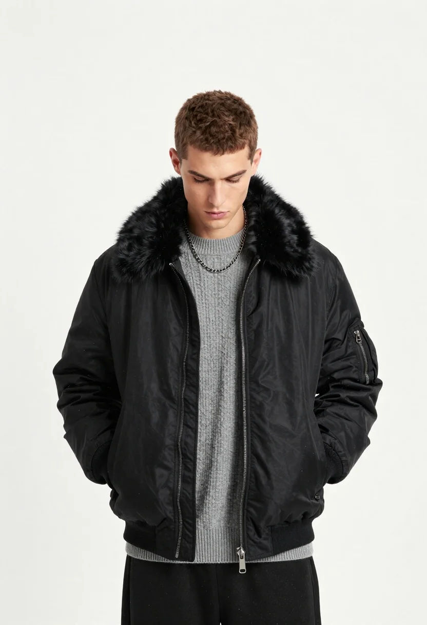 Young man in black bomber jacket and grey sweater standing against white - AI generated image prompt sample