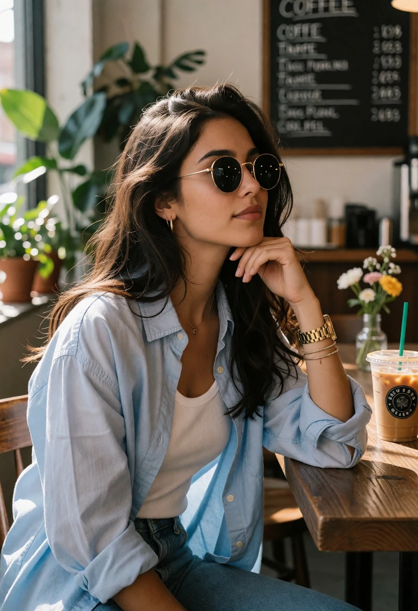 Young woman in coffee shop wearing sunglasses at wooden table - AI generated image prompt sample