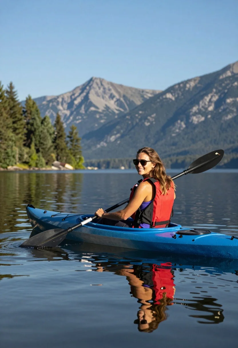 Smiling woman in blue kayak paddling on calm lake near mountains - AI generated image prompt sample