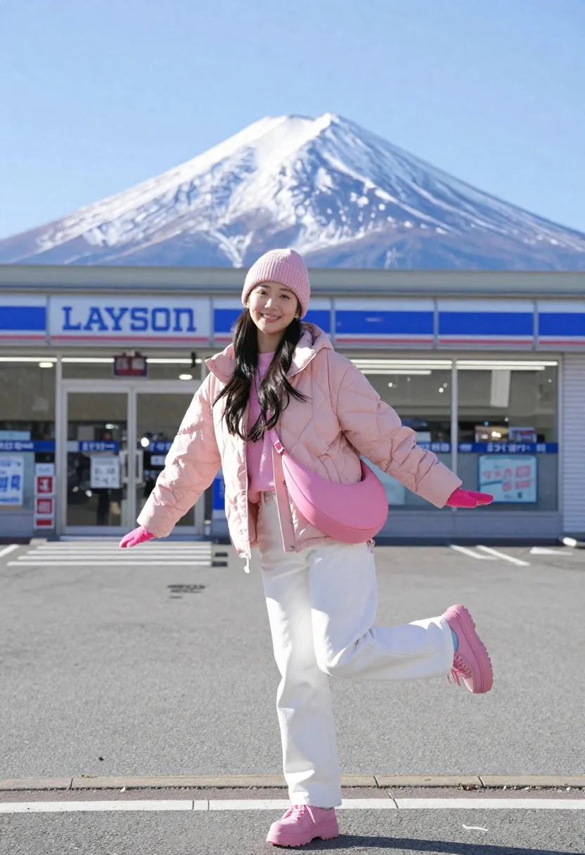 Smiling young woman in pink winter clothes standing before mount fuji - AI generated image prompt sample