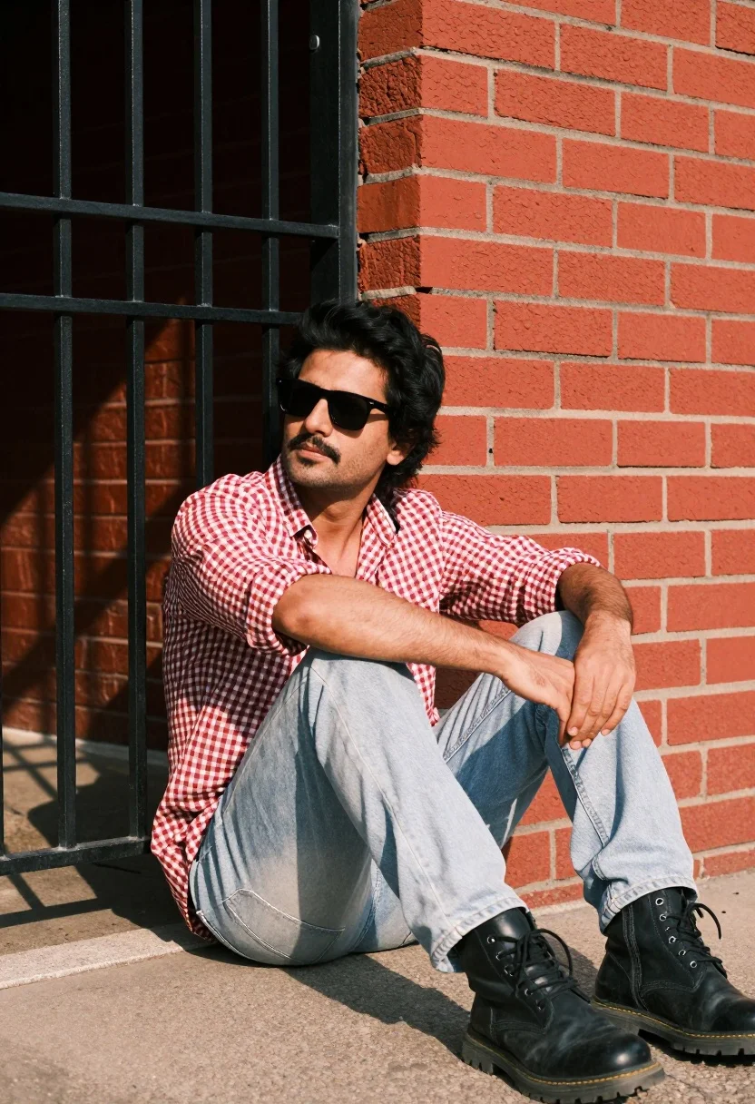 Man sitting casually by red brick wall next to black metal gate - AI generated image prompt sample