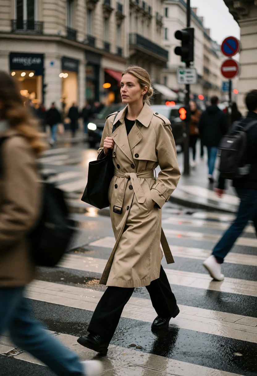 Woman in beige trench coat walking across wet european street intersection - AI generated image prompt sample