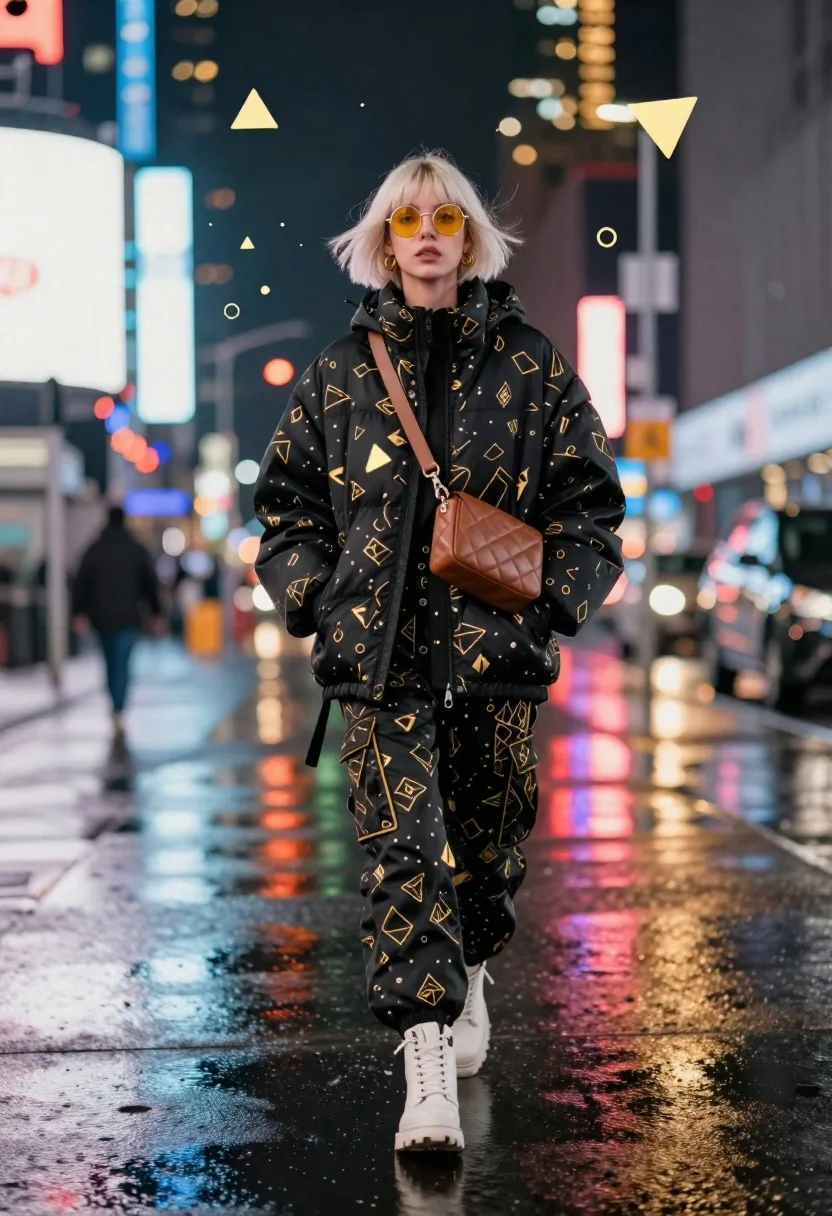 Model walking down rainy city street at night