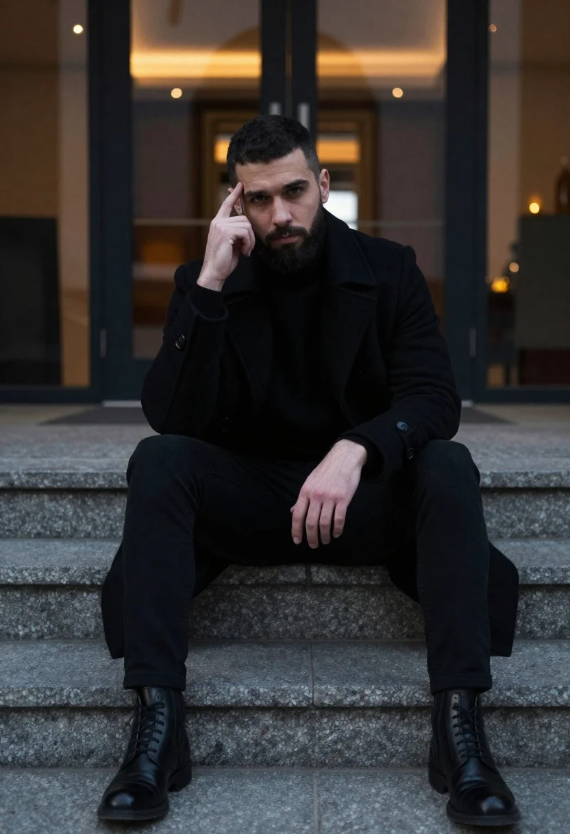 Man in black coat sitting on stone steps outdoors