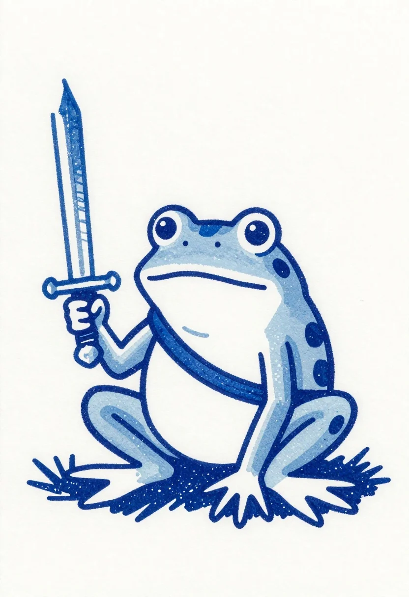 Blue ink illustration of a frog warrior with a sword