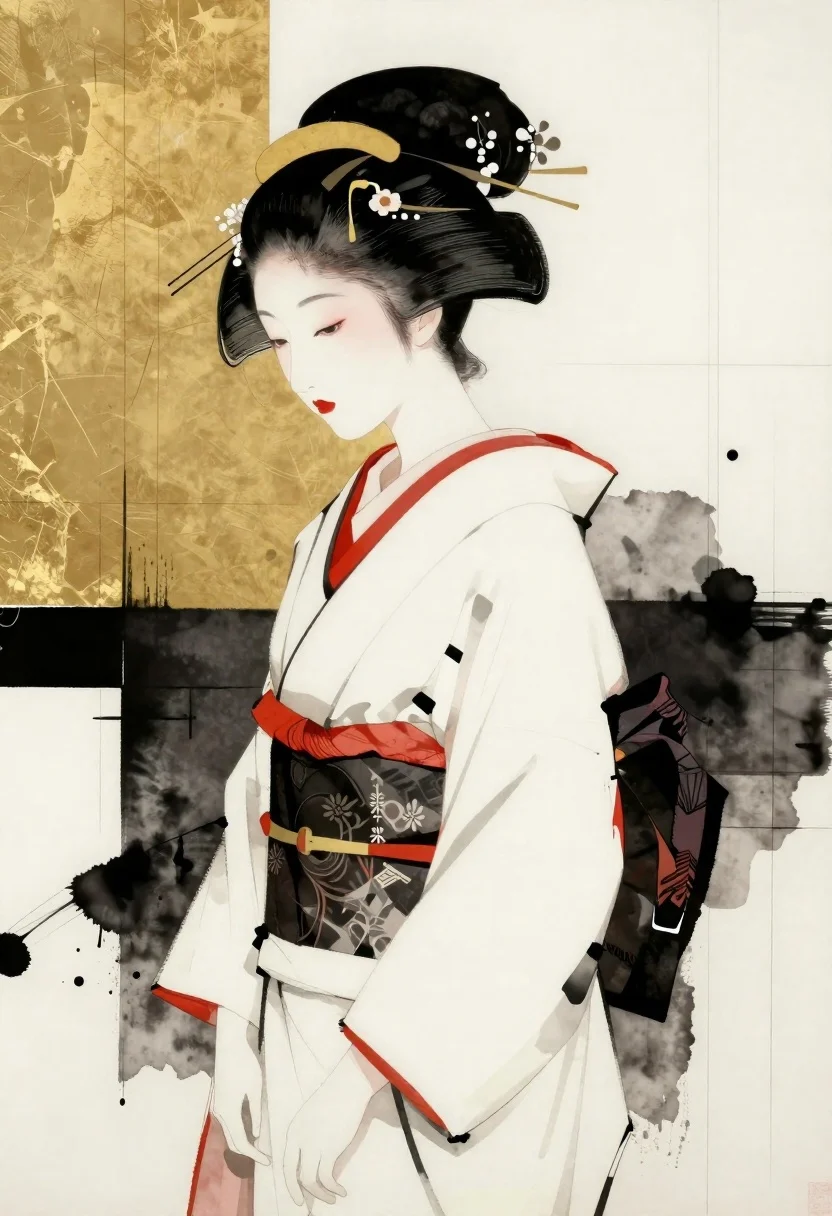 Geisha in profile against abstract gold and white background