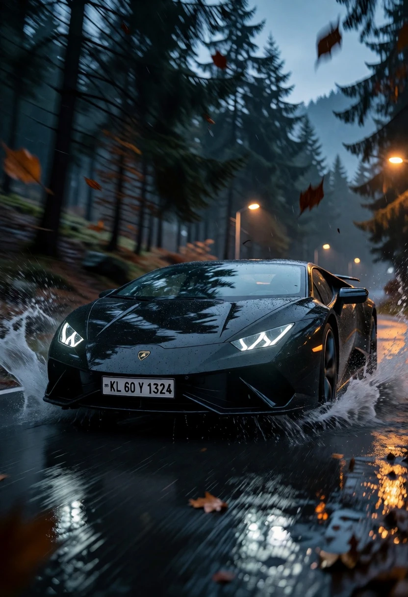 Black lamborghini huracán splashing through wet forest road under overcast sky - AI generated image prompt sample