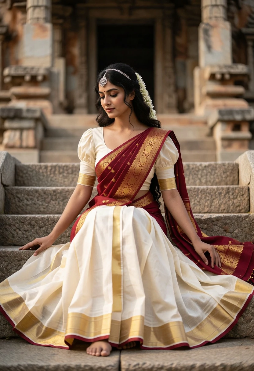 Young woman in traditional saree sitting on stone steps before ancient temple - AI generated image prompt sample