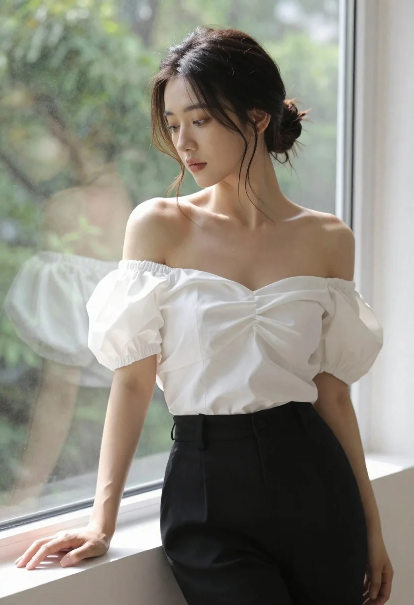 Young woman in white blouse standing by window looking downward - AI generated image prompt sample