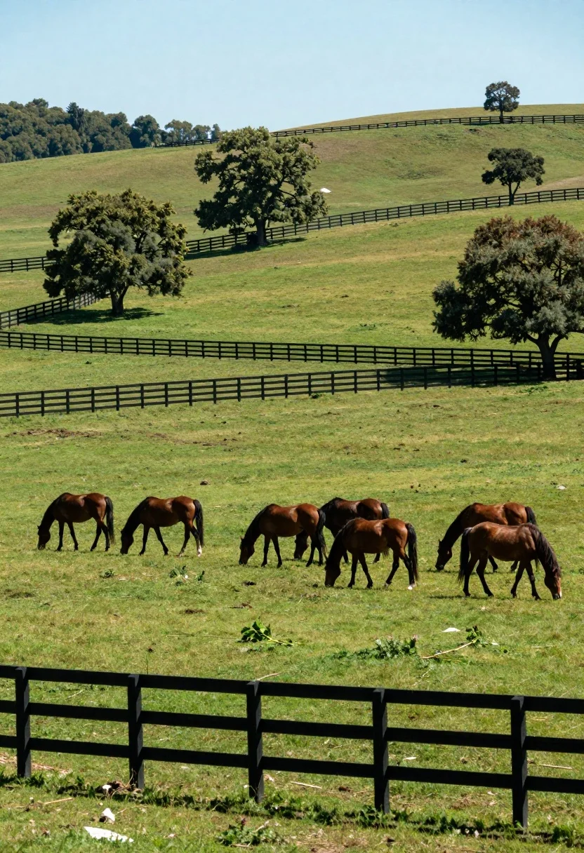Herd of brown horses grazing across a lush green meadow with wooden - AI generated image prompt sample