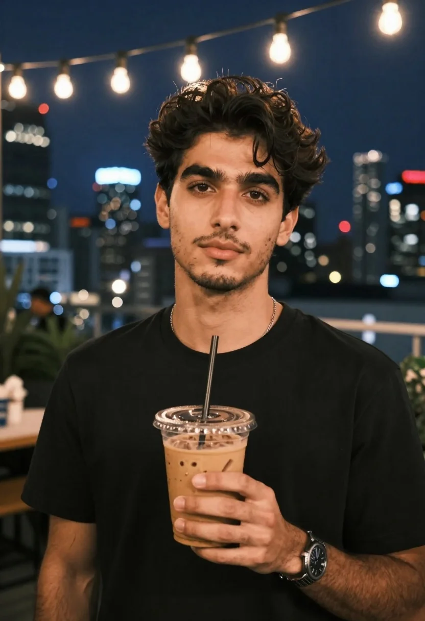 Young man with dark hair holding iced coffee on city rooftop at - AI generated image prompt sample