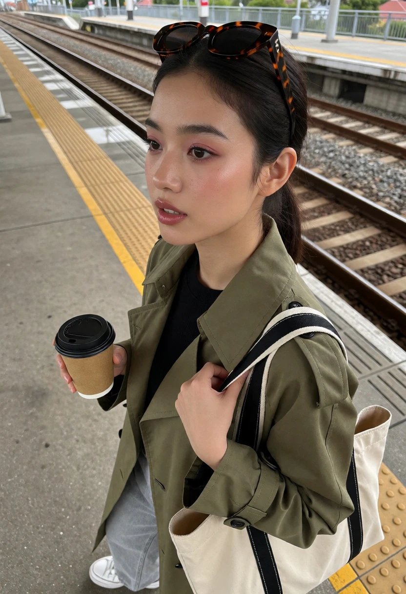 Young woman on train platform with coffee cup and tote bag under - AI generated image prompt sample