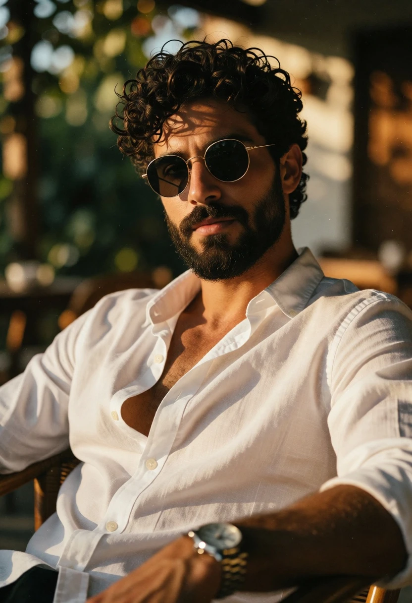 Handsome man with dark curly hair sitting outdoors in warm sunlight - AI generated image prompt sample