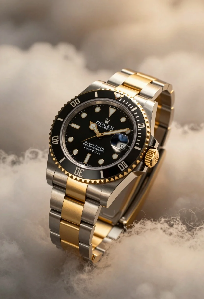 Macro close up of luxury rolex submariner watch floating in soft golden - AI generated image prompt sample