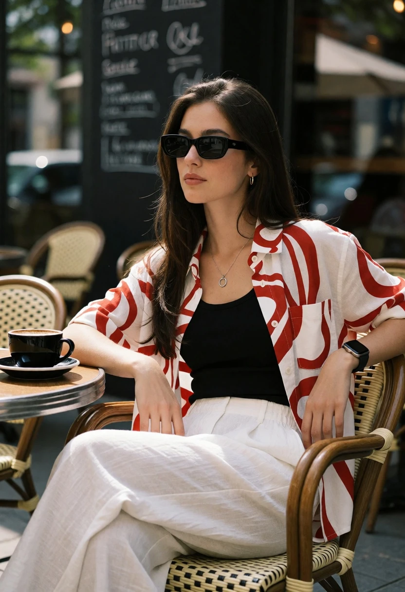 Young woman seated at outdoor cafe table with stylish outfit and coffee - AI generated image prompt sample
