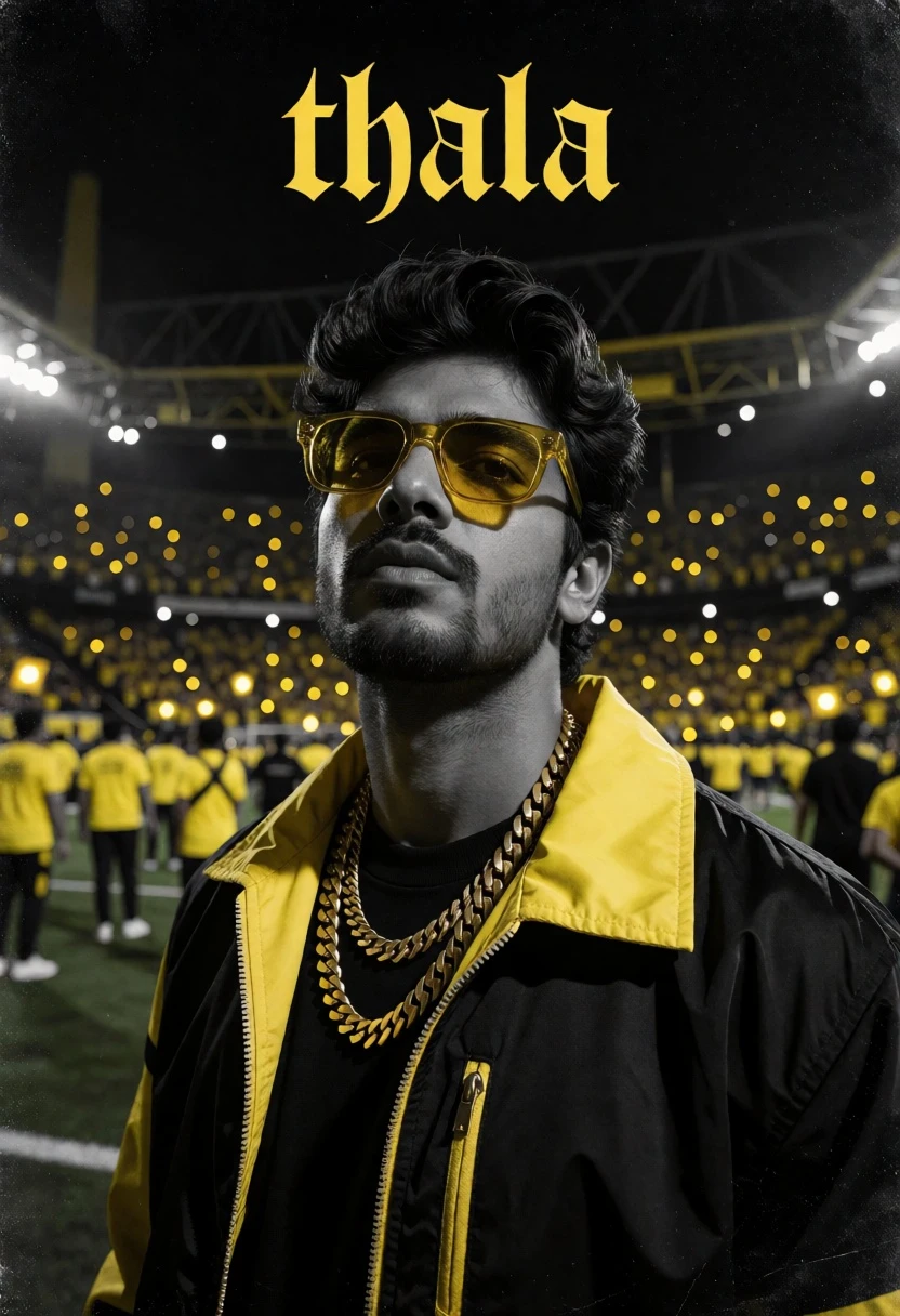 Man on stadium field at night with yellow fans under dark skies - AI generated image prompt sample