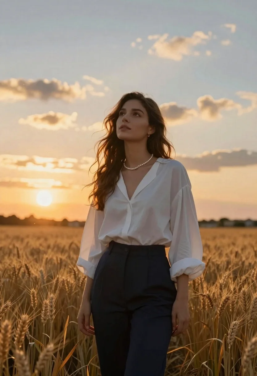 Woman in white blouse standing in golden wheat field at sunset - AI generated image prompt sample