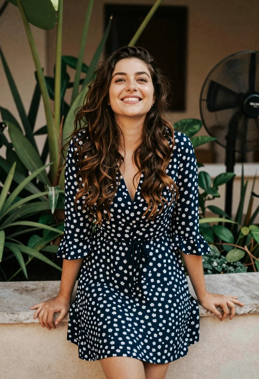 Smiling young woman in blue floral dress leaning against stone ledge